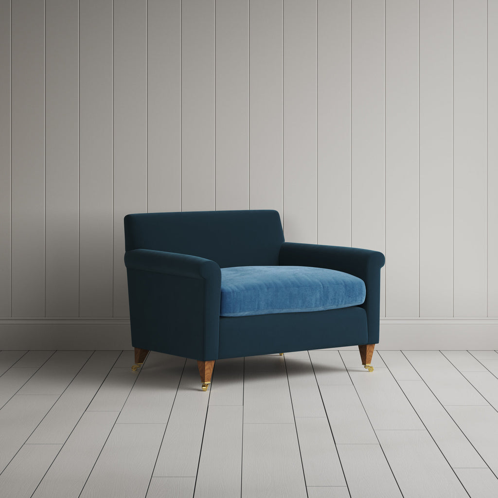  Idler Love Seat in Intelligent Velvet Aegean Frame and Classic Corduroy Harbour Blue Seat, angled view 