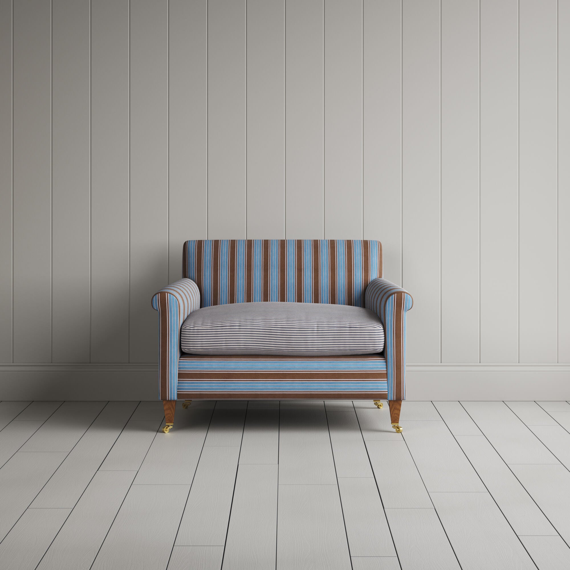  Idler Love Seat in Regatta Blue Frame and Ticking Blue Brown Seat front view 