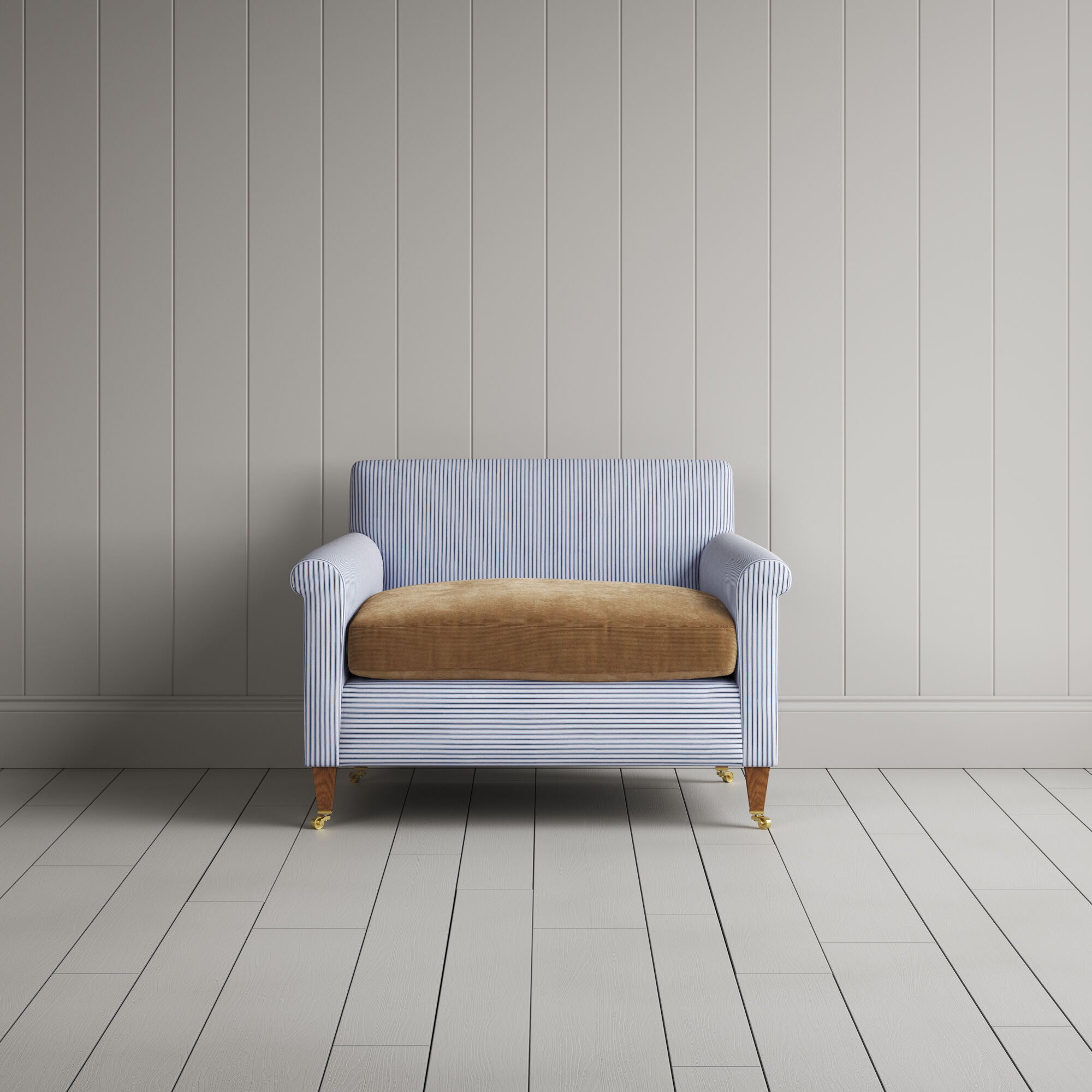  Idler Love Seat in Ticking Aqua Brown Frame and Classic Corduroy Stone Beige Seat front view 