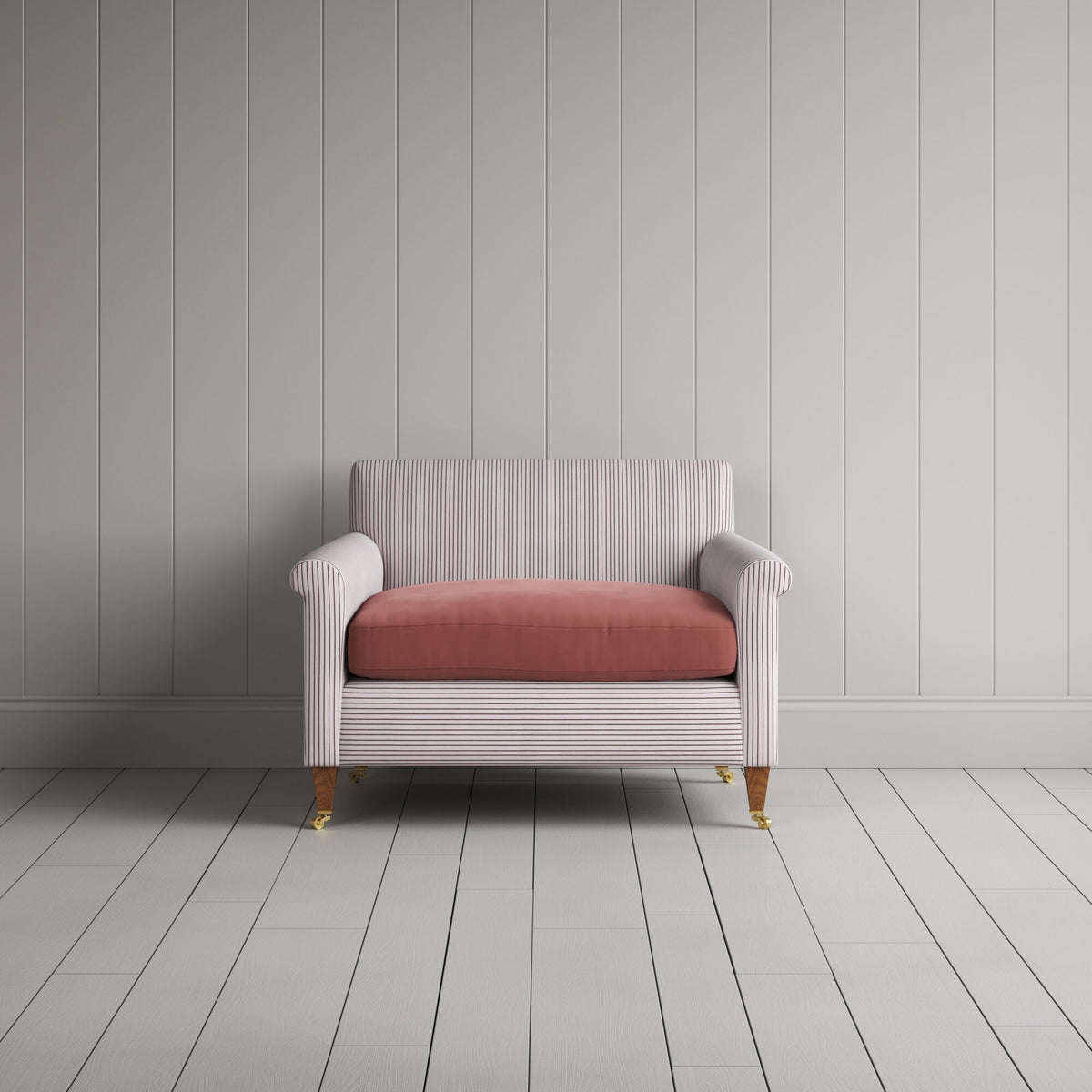 Idler Love Seat in Ticking Berry Frame and Intelligent Velvet Damson Seat front view