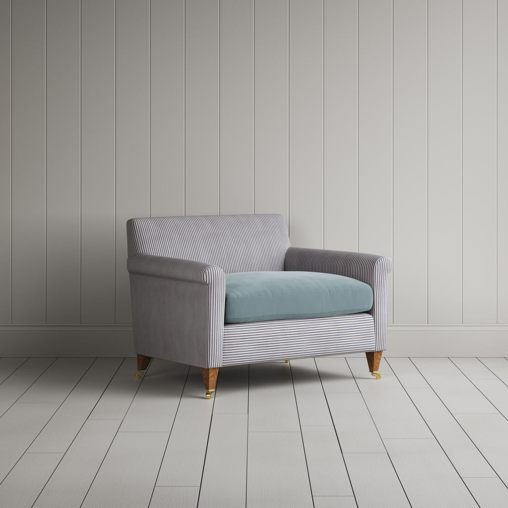  Idler Love Seat in Ticking Blue Brown Frame angled view 
