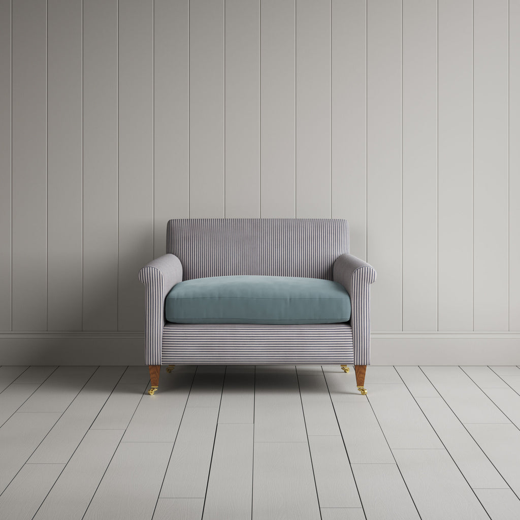  Idler Love Seat in Ticking Blue Brown Frame front view 