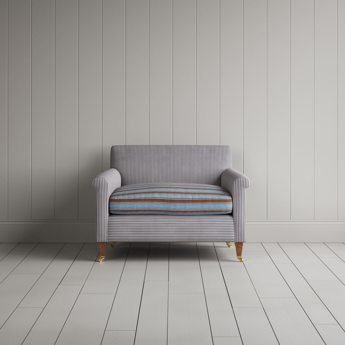 Idler Love Seat in Ticking Blue Brown Frame and Regatta Blue Seat front view