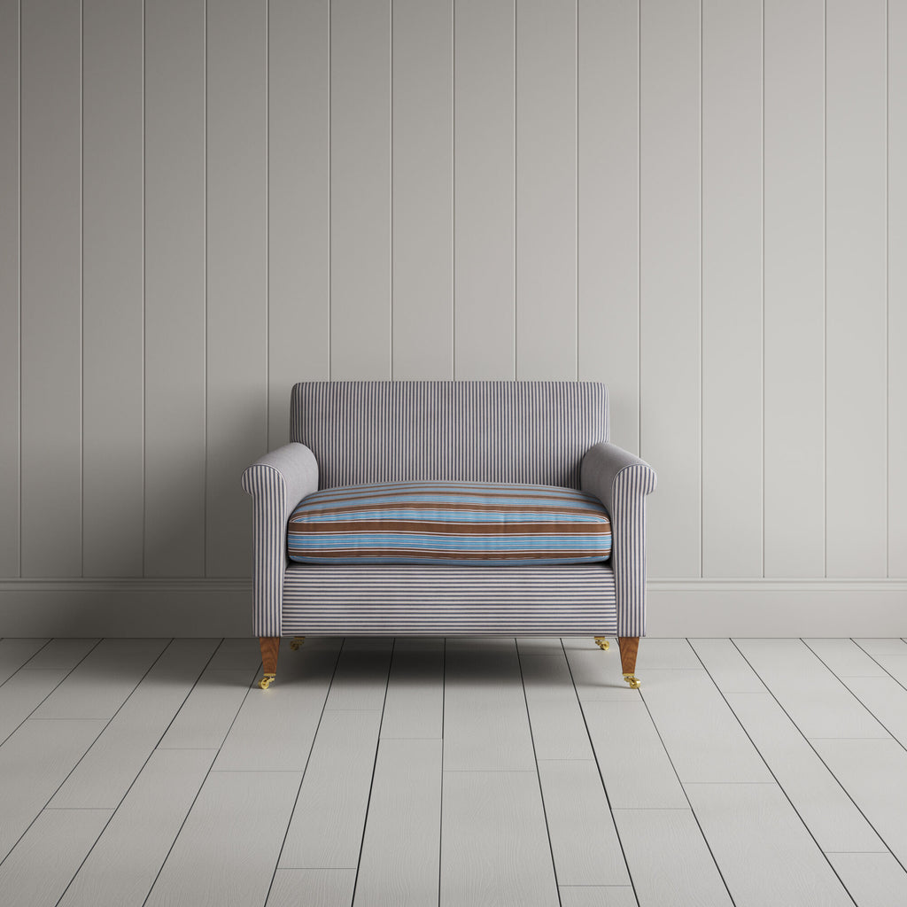  Idler Love Seat in Ticking Blue Brown Frame and Regatta Blue Seat front view 