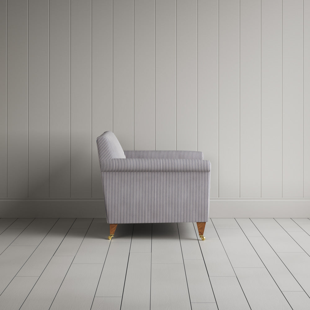 Idler Love Seat in Ticking Blue Brown Frame and Intelligent Velvet Mineral Seat side profile