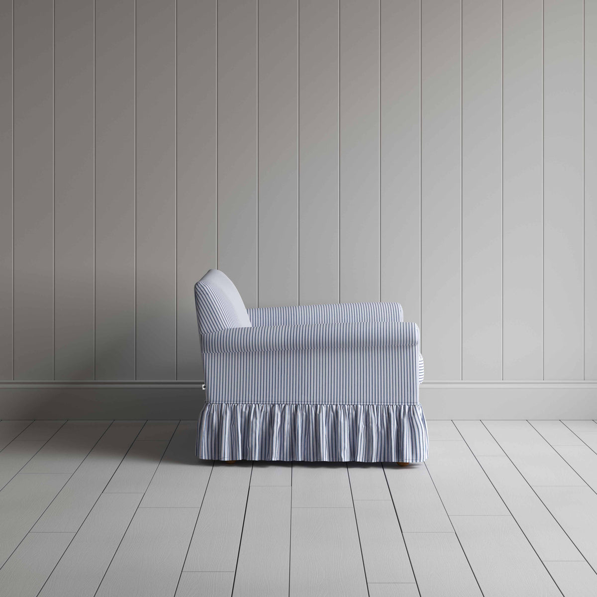 Curtain Call Love Seat in Ticking Cotton, Aqua Brown - Nicola Harding