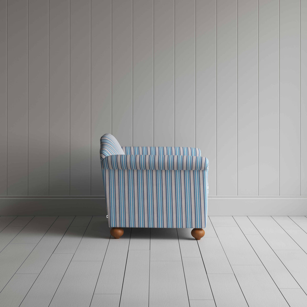 Dolittle Love Seat in Slow Lane Cotton Linen, Blue, Side View - Nicola Harding