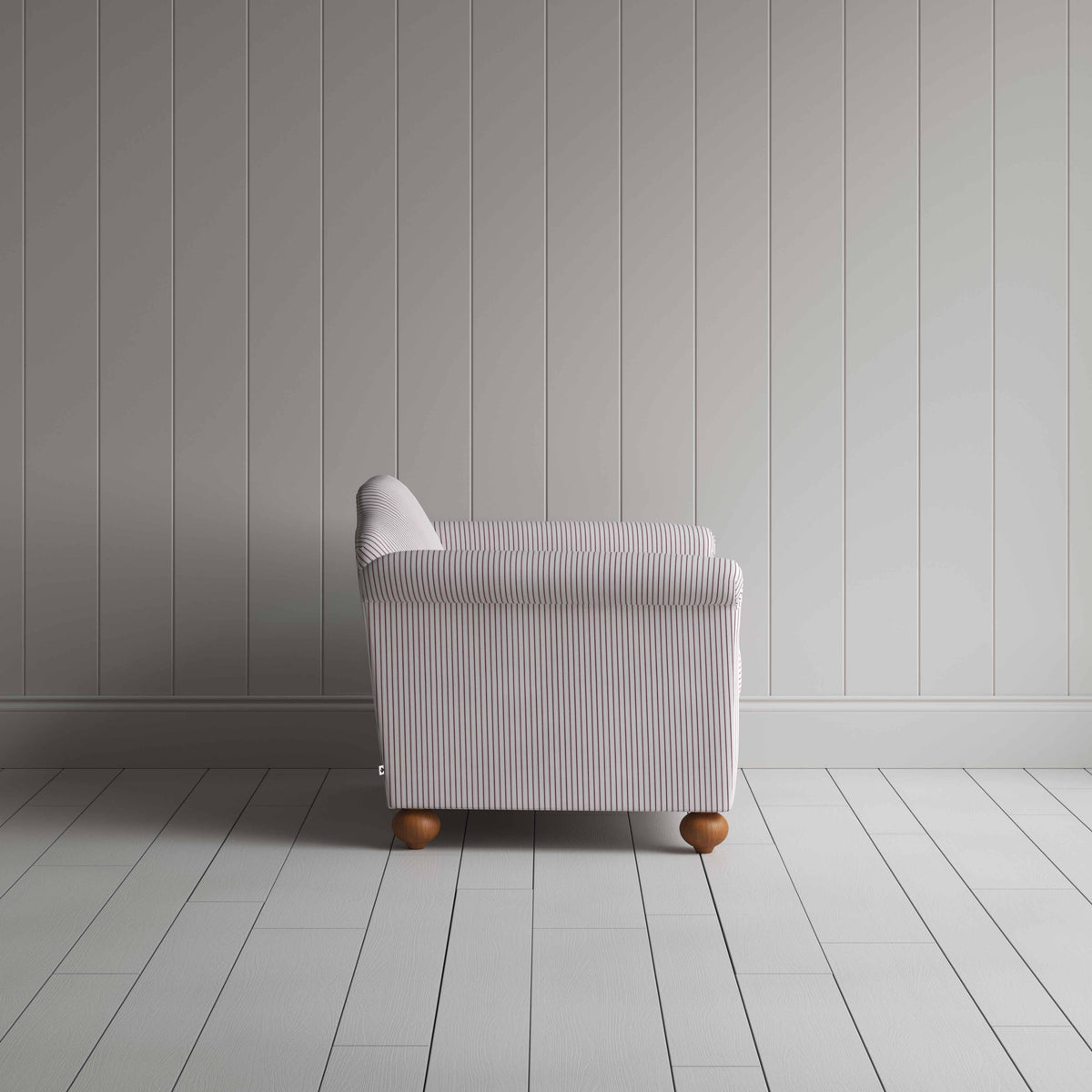 Dolittle Love Seat in Ticking Cotton, Berry, Side View - Nicola Harding