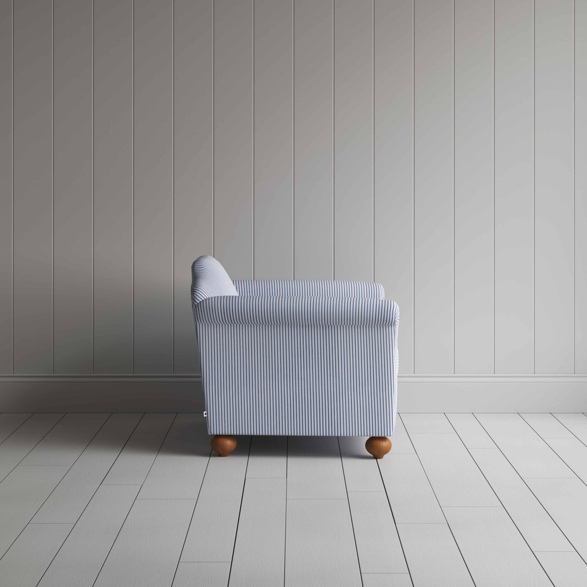 Dolittle Love Seat in Ticking Cotton, Aqua Brown, Side View - Nicola Harding