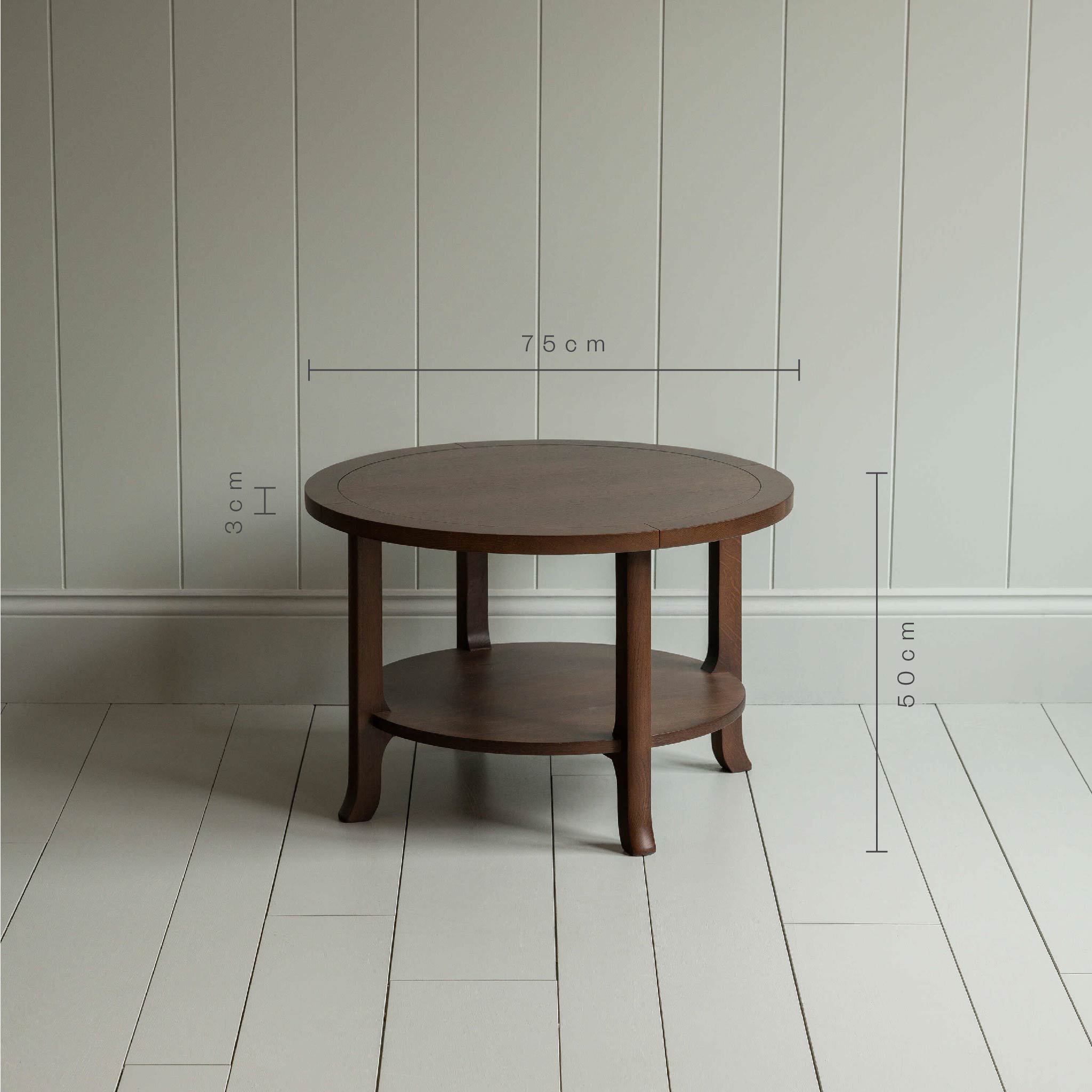  Round wooden table, 50cm height, 75cm width, 3cm shelf thickness, ideal for small living rooms by NiX. 