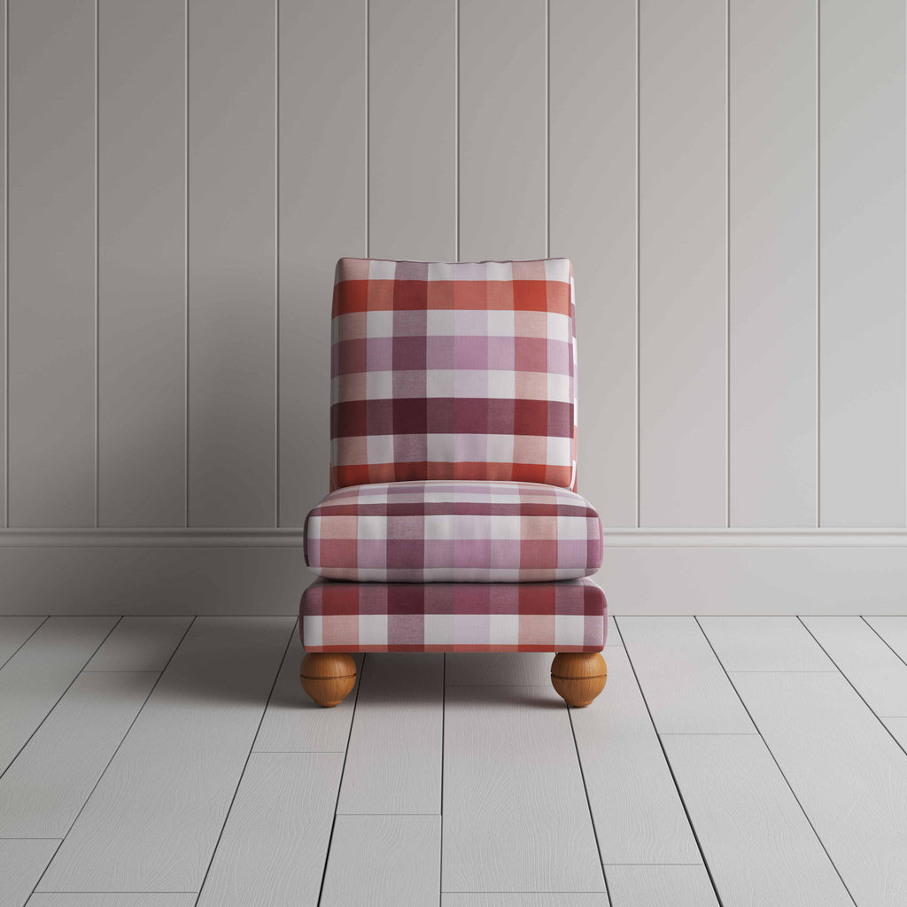  Perch Slipper Armchair in Checkmate Cotton, Berry Front-view - By NiX 
