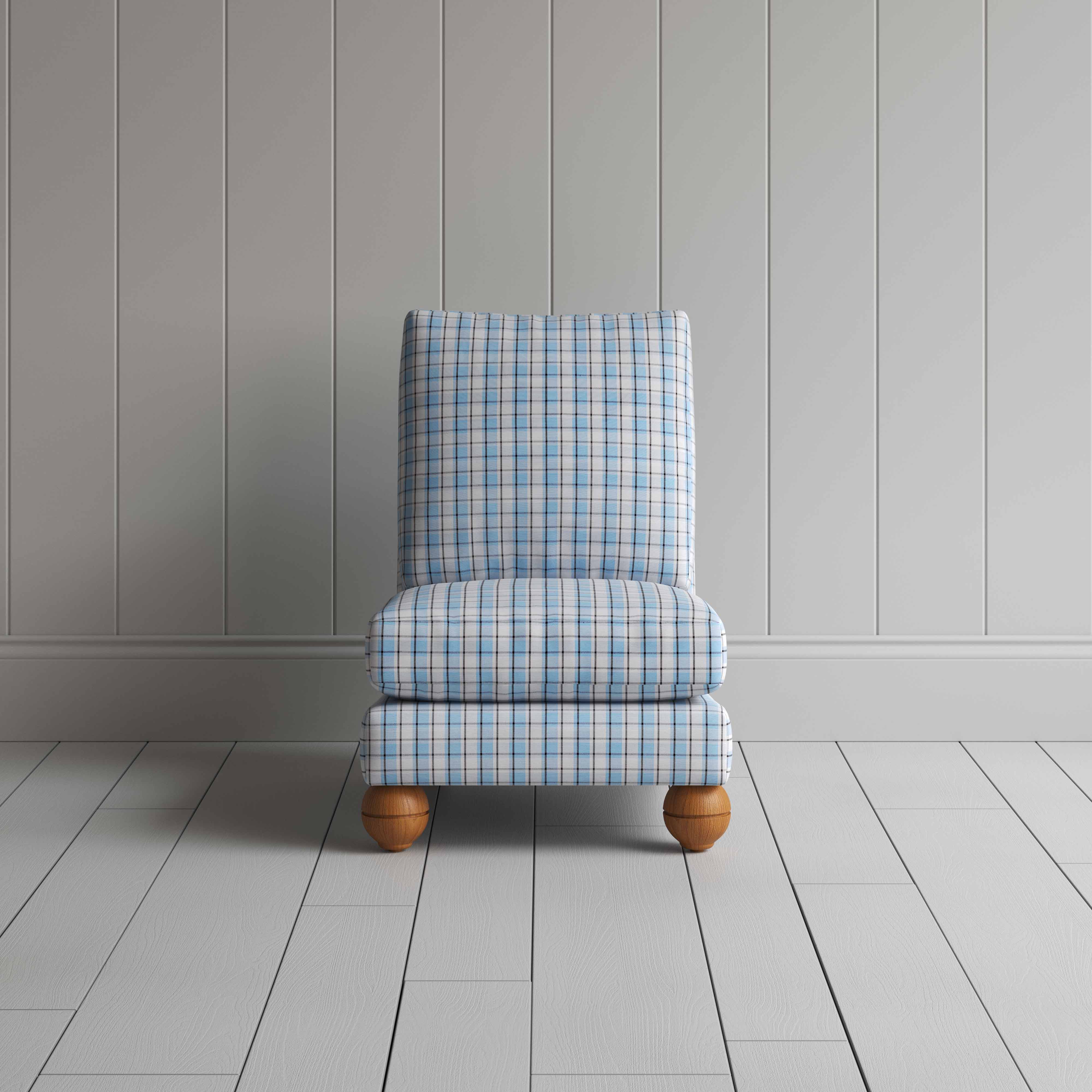  Perch Slipper Armchair in Square Deal Cotton, Blue Brown Front View - NiX 