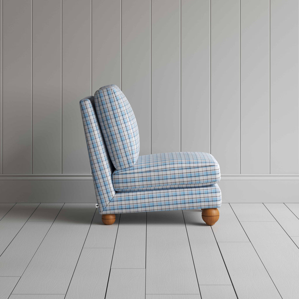  Perch Slipper Armchair in Square Deal Cotton, Blue Brown Side View - NiX 