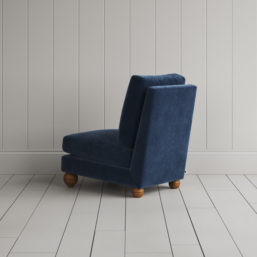 Perch Armchair twilight blue corduroy, rear angled view by Nicola Harding. 