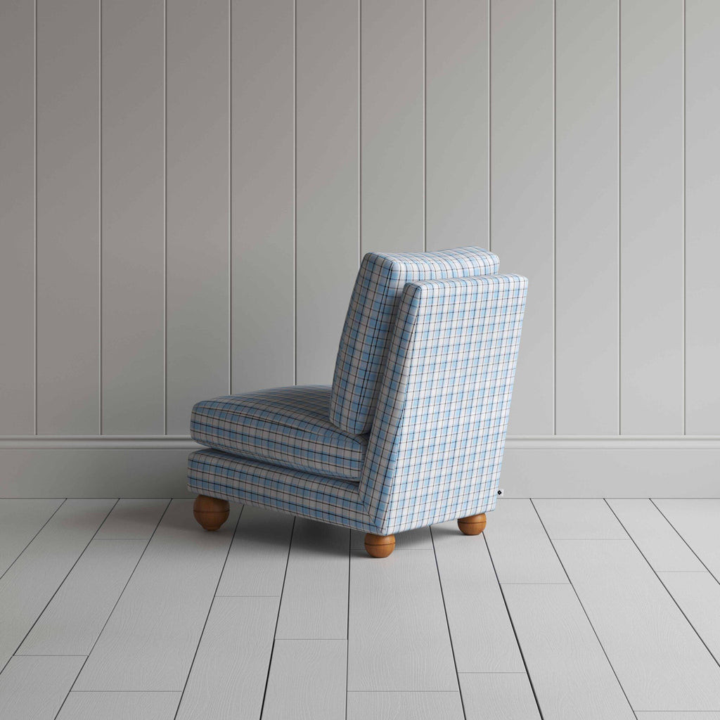  Perch Slipper Armchair in Square Deal Cotton, Blue Brown, Back View - NiX 