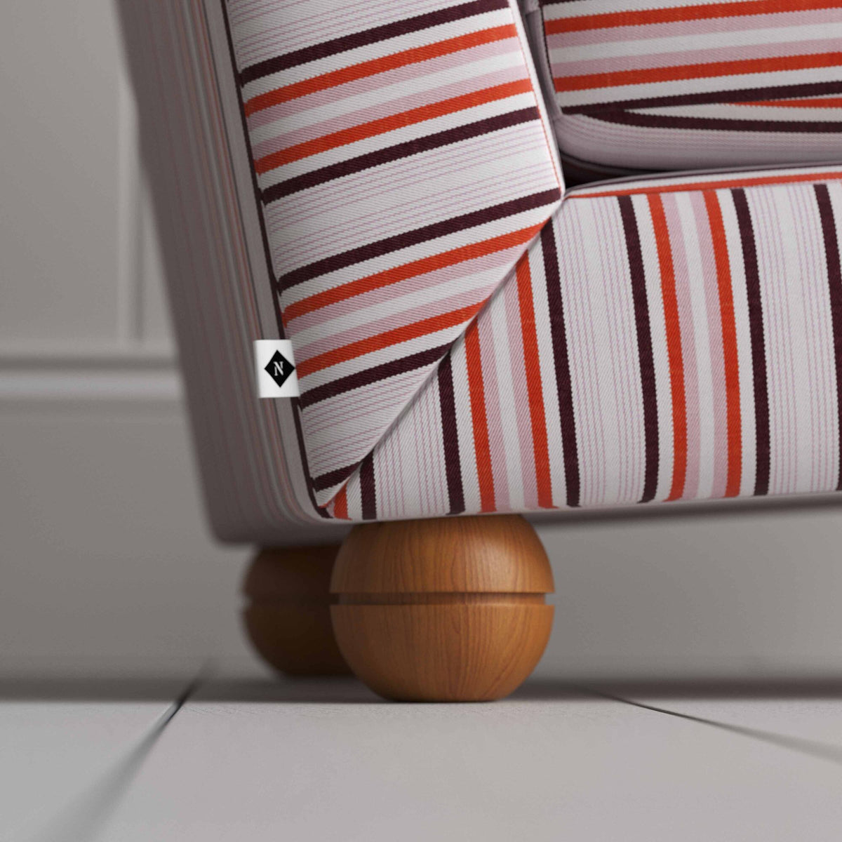 Perch Slipper Armchair in Slow Lane Cotton Linen, Berry, Back Round Wooden Foot Closeup With NiX Special tag.