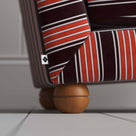Perch Slipper Armchair in Regatta Cotton, Flame. Back Round Wooden Foot Closeup With NiX Special Tag