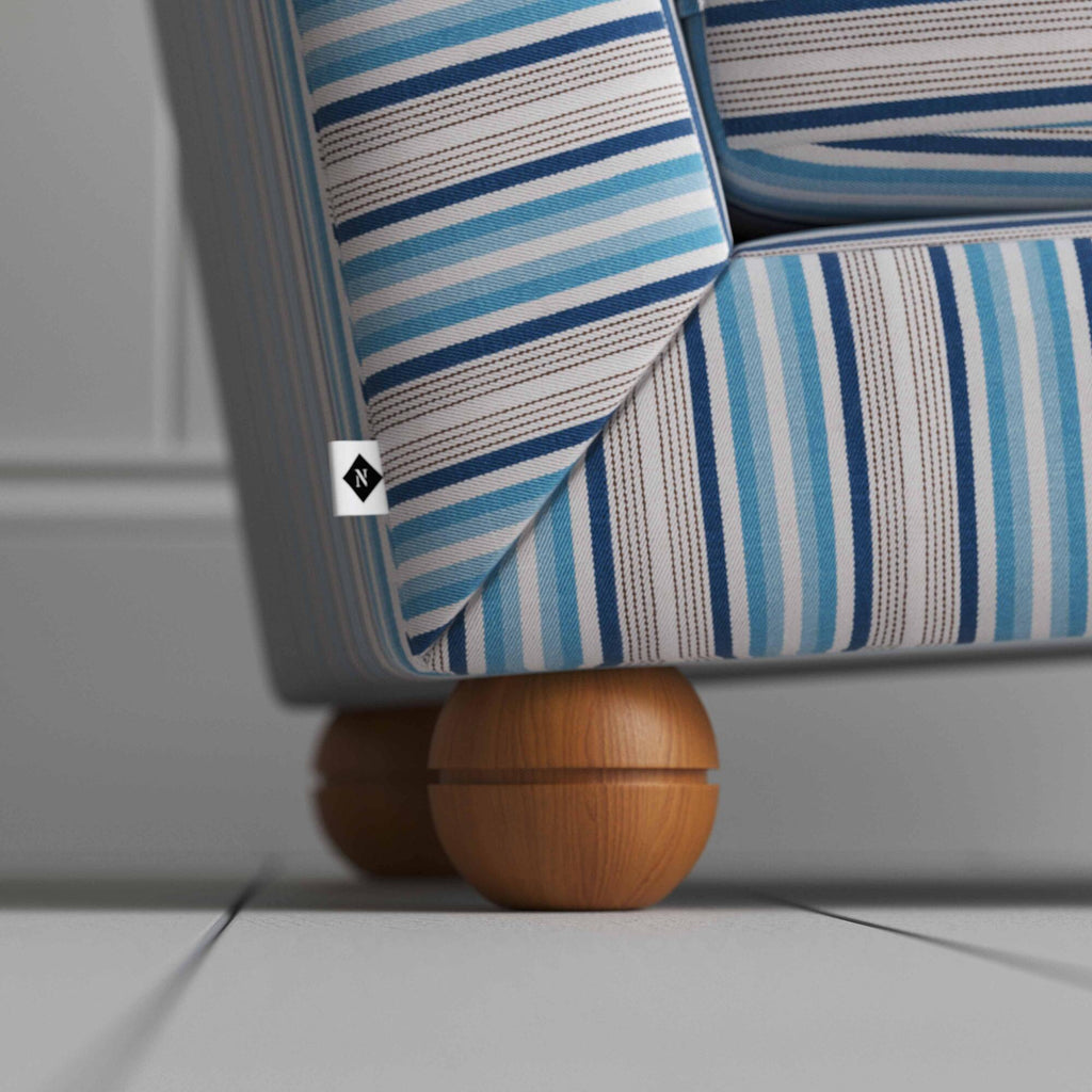  Perch Slipper Armchair in Slow Lane Cotton Linen, Blue. Back Round Wooden Foot Closeup With Special NiX Tag 