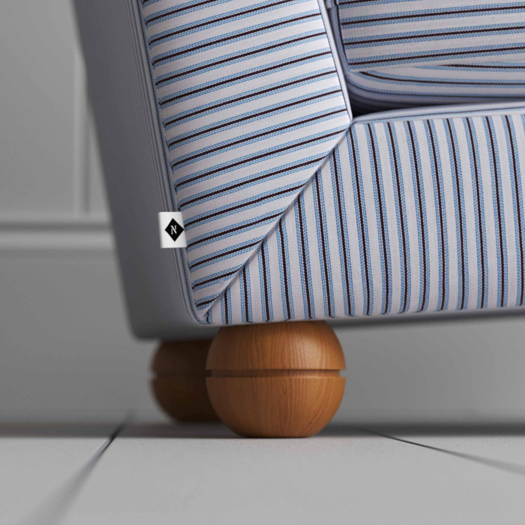  Perch Slipper Armchair in Ticking Cotton, Aqua Browns Round Wooden Foot With NiX Special Tag - By NiX 