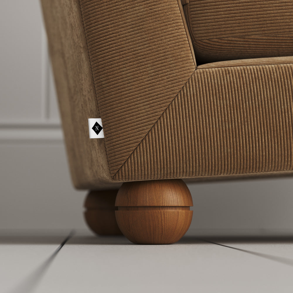 Perch Armchair close-up detail of the playful spherical timber foot by NiX.