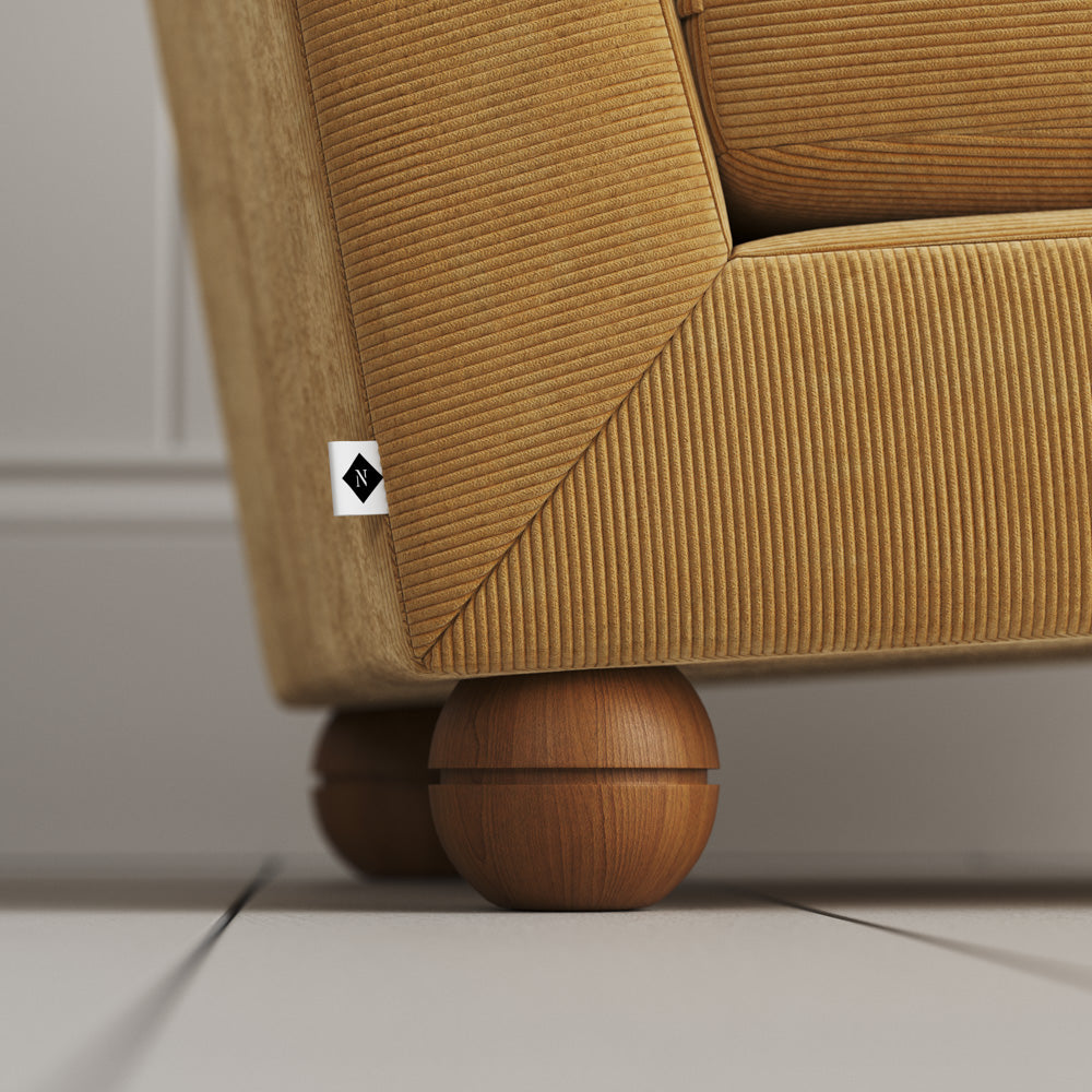  Sustainable FSC-certified timber feet on the Wheat Classic Corduroy Perch armchair - By Nicola Harding 