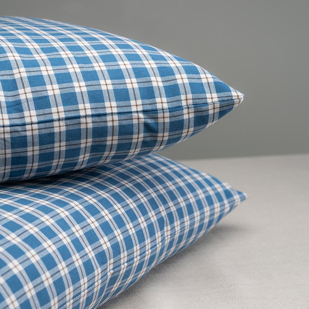  2 Rectangle Lollop Cushion in Well Plaid Cotton, Blue Brown Edge Design Closeup - NiX 