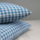 2 Rectangle Lollop Cushion in Well Plaid Cotton, Blue Brown Edge Design Closeup - NiX