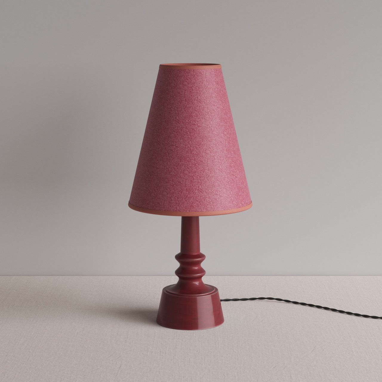  Ditsy Ceramic Table Lamp Base in Damson Pink, With Bright Spark Tall Tapered Lamp Shade in Burgundy - By NiX 