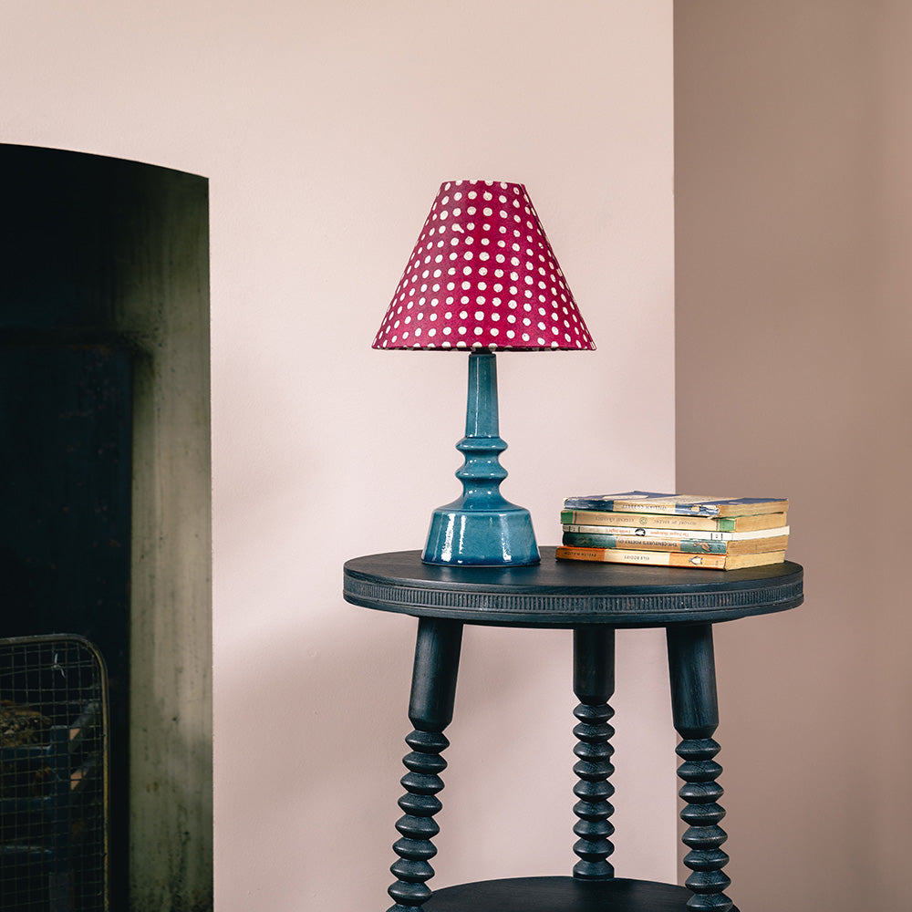  Ditsy Ceramic Table Lamp Base in Sea Blue Base On a Black Side Table With Some Boooks- Nicola Harding 