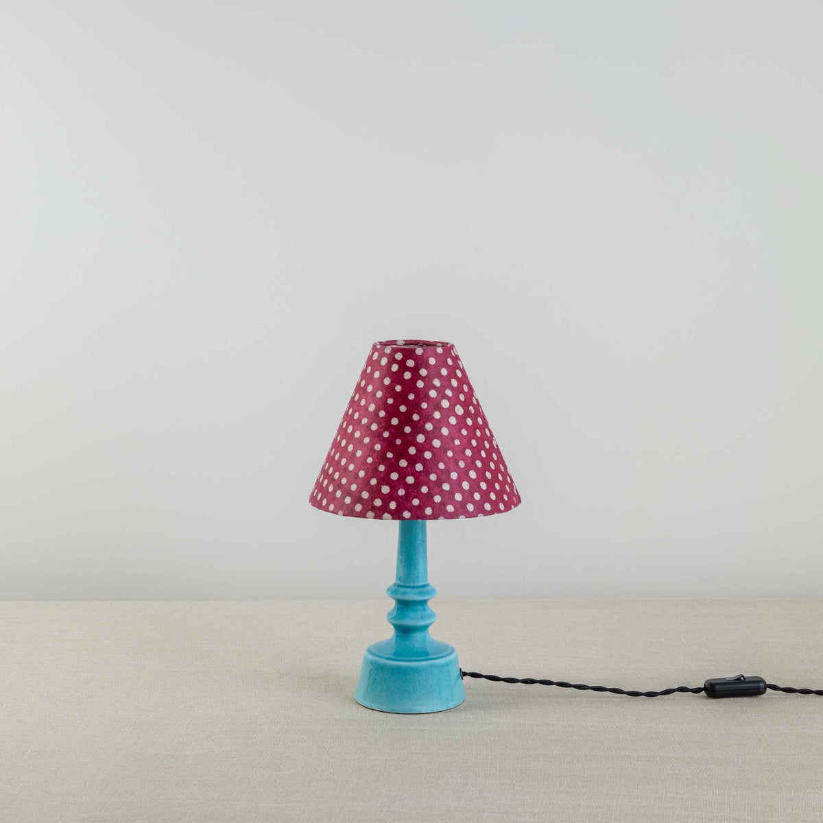 Ditsy Ceramic Table Lamp Base in Turquoise, Ditsy Classic Empire Lamp Shade in Dotty Maroon - By NiX