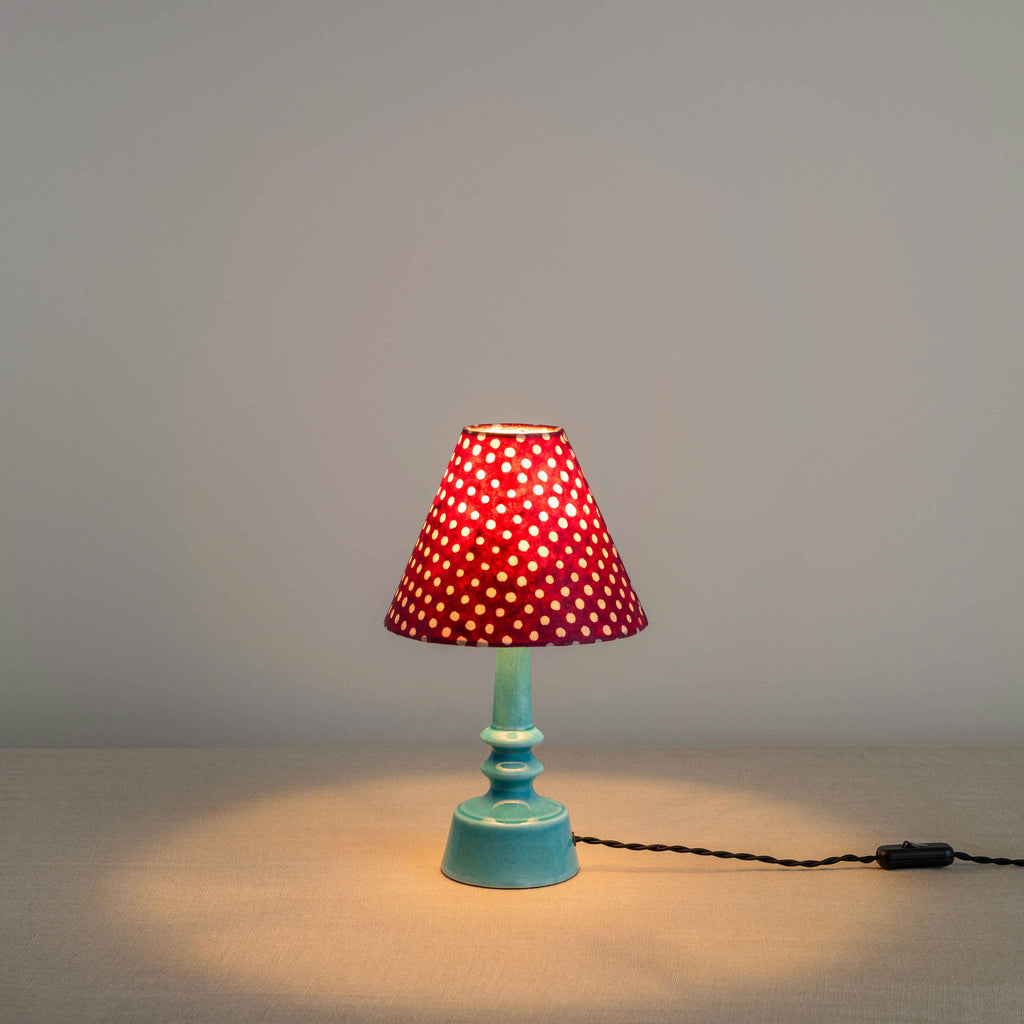  Ditsy Ceramic Table Lamp Base in Turquoise, With Ditsy Classic Empire Lamp Shade in Dotty Maroon, With Lights 'ON' - Nicola Harding 
