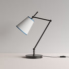 Focused Table Lamp Base in Waxed Brass, With Paper Empire Lamp Shade in Soft White with Peacock Blue Trim - By NiX