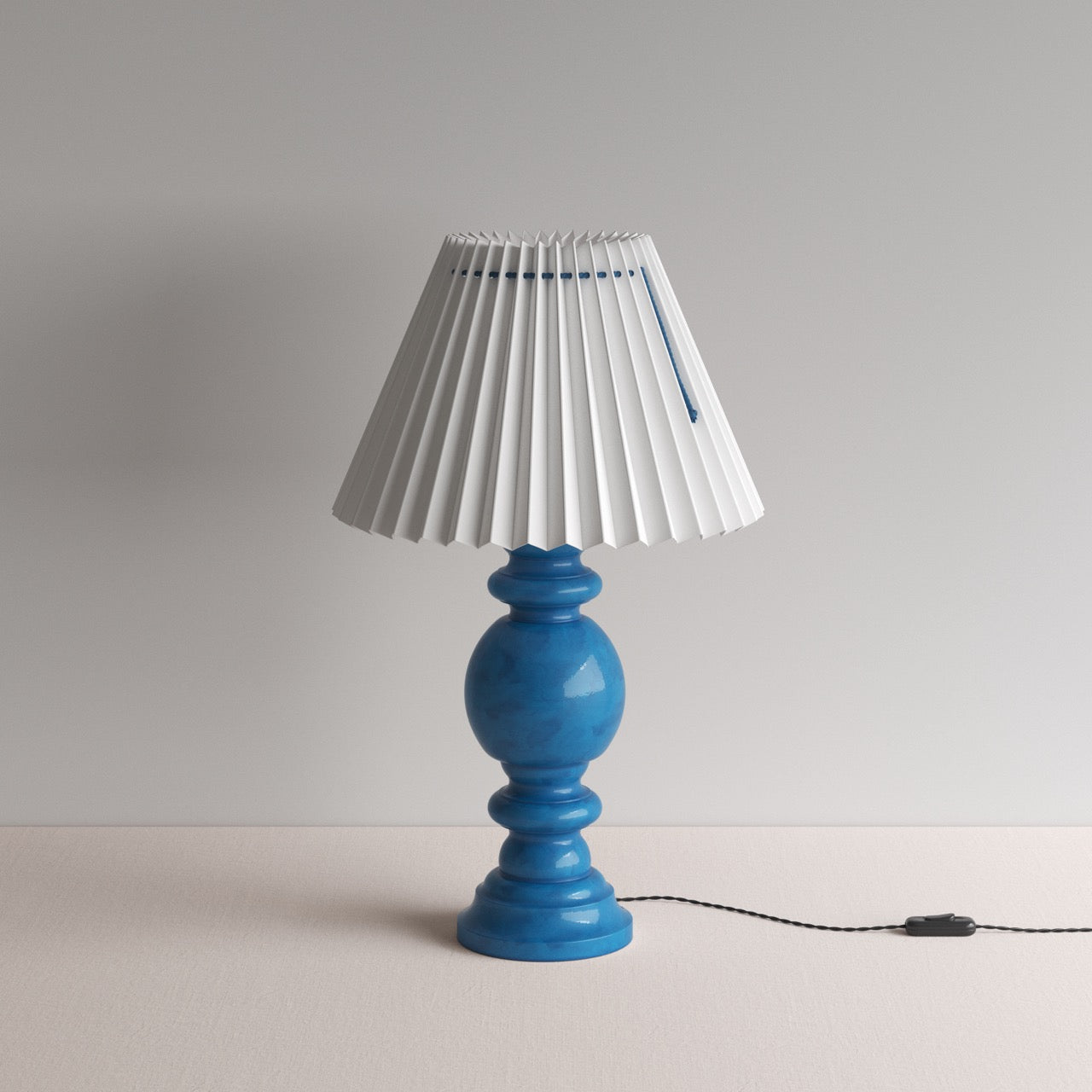  Hourglass Ceramic Table Lamp Base in Blue, With Sunburst Concertina Natural Pleat Lamp Shade with Blue Cord - Nicola Harding 