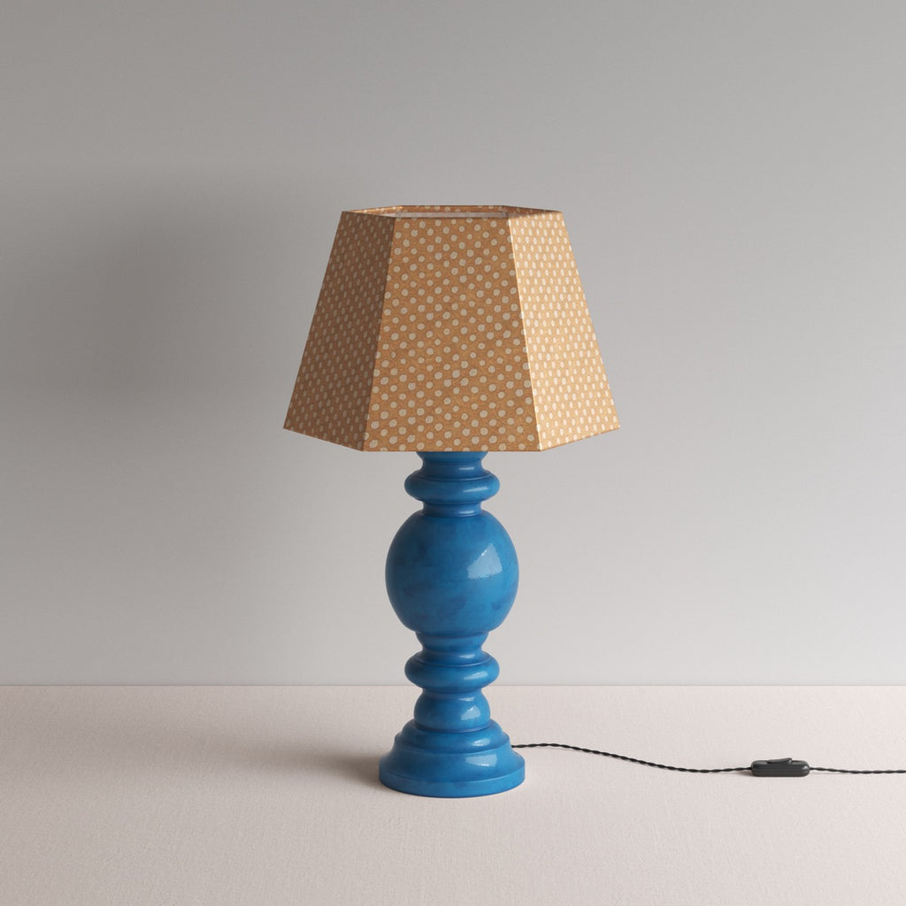  Hourglass Ceramic Table Lamp Base in Blue, With Townhouse Hexagonal Lamp Shade in Dotty Tan - Nicola Harding 