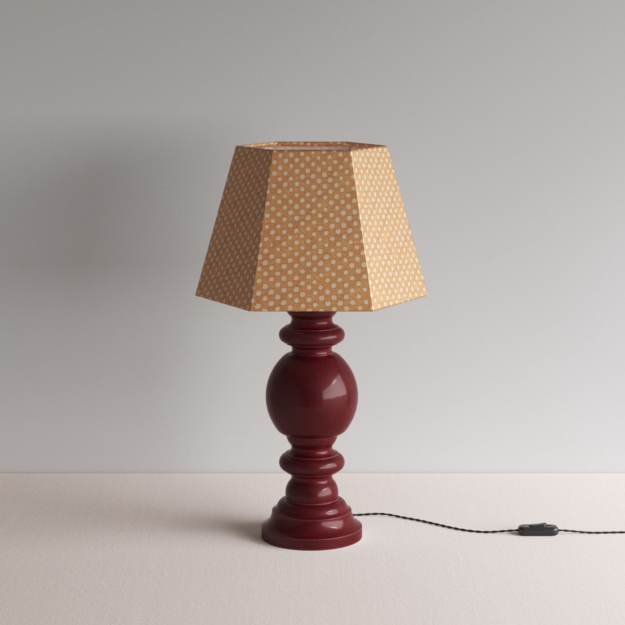  Hourglass Ceramic Table Lamp Base in Cherry, With Townhouse Hexagonal Lamp Shade in Dotty Tan - By NiX 