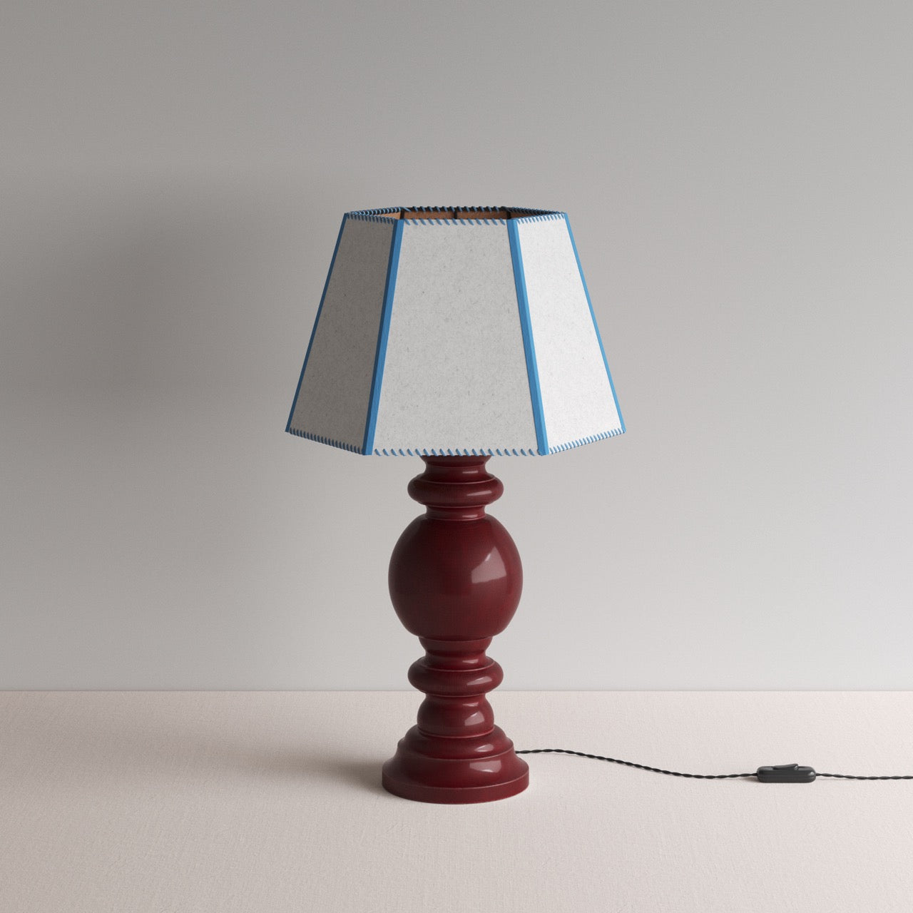  Hourglass Ceramic Table Lamp Base in Cherry, With Townhouse Hexagonal Lamp Shade in Soft White with Peacock Blue Trim & Stitching - NiX By Nicola Harding & Co. 