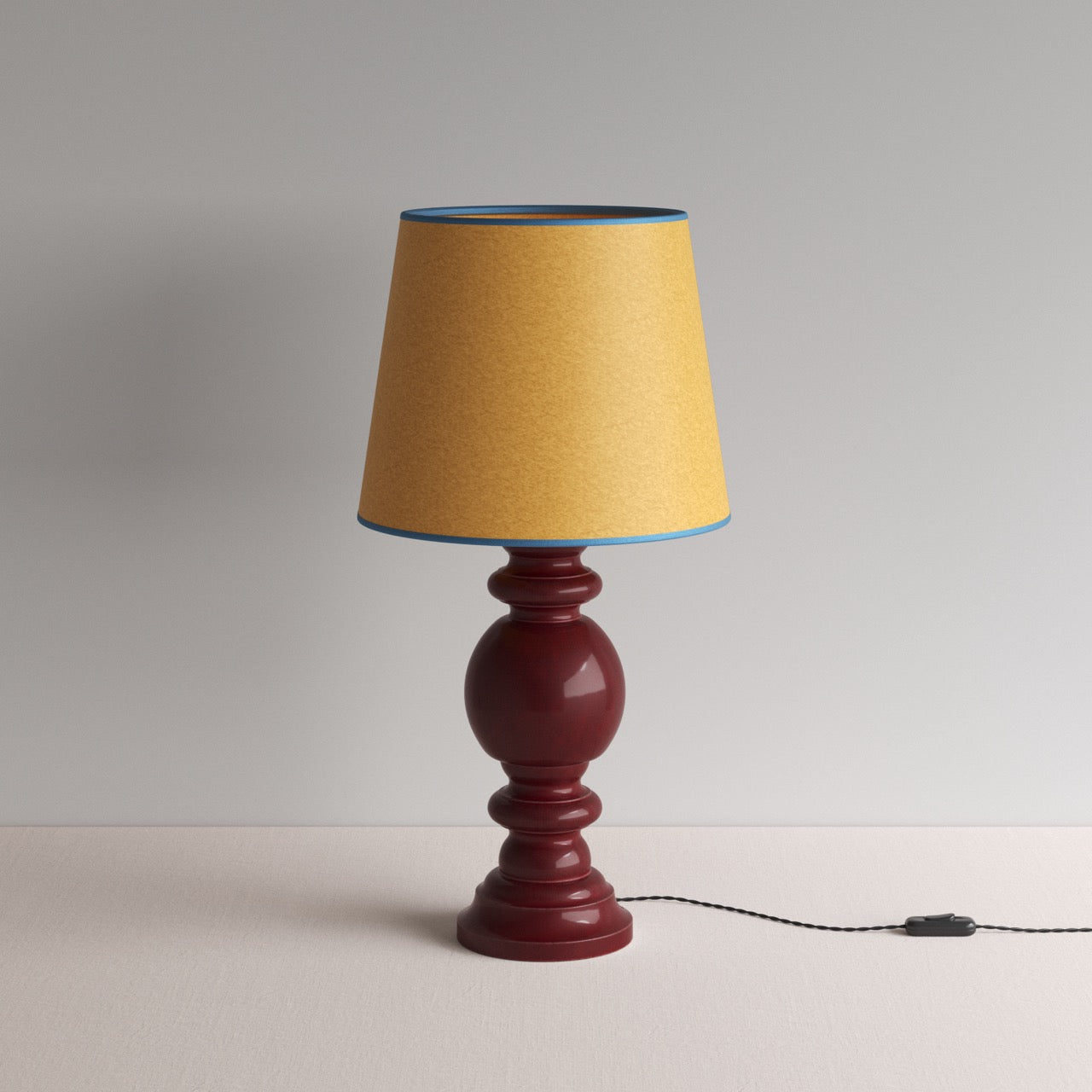  Hourglass Ceramic Table Lamp Base in Cherry, With NiX Humbug Straight Empire Paper Lamp Shade in Mustard with Blue Trim - NiX By Nicola Harding & Co. 