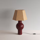 Orb Ceramic Table Lamp Base in Red, With Townhouse Hexagonal Lamp Shade in Dotty Tan - Nicola Harding