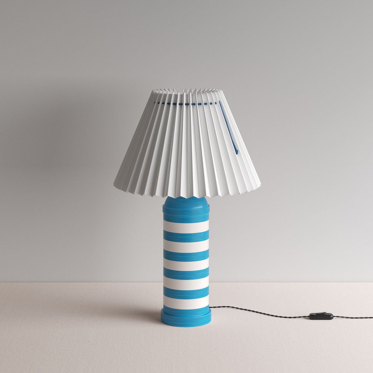  Humbug Striped Ceramic Table Lamp Base in Blue & Warm White, With Sunburst Concertina Natural Pleat Lamp Shade with Blue Cord - By NiX 