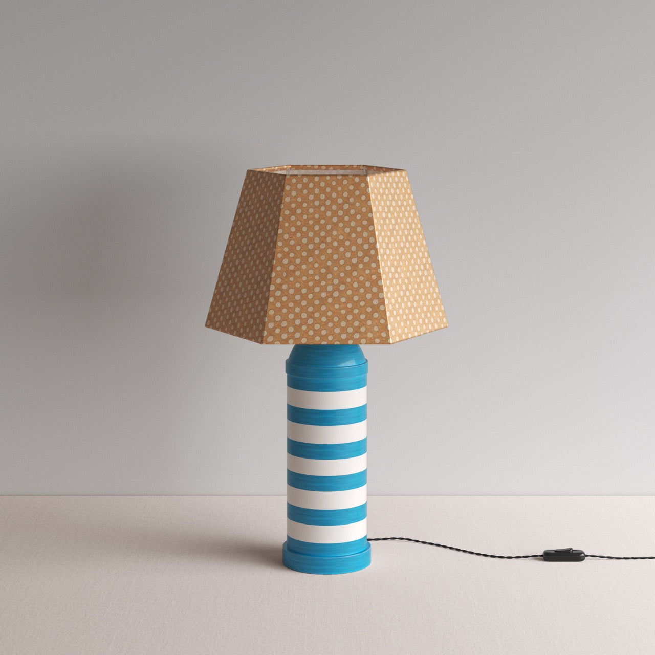  Humbug Striped Ceramic Table Lamp Base in Blue & Warm White, With Humbug Striped Ceramic Table Lamp Base in Blue & Warm White, With Humbug Straight Empire Batik Paper Lamp Shade in Dotty Maroon - By NiX - By NiX 