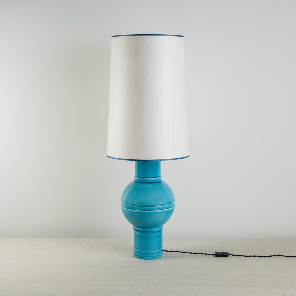 Orb Ceramic Table Lamp Base in Turquoise, With Whimsical Tall Straight Empire Lamp Shade in Soft White with Peacock Blue Trim - Nicola Harding