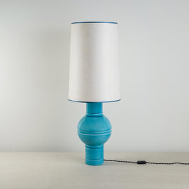 Orb Ceramic Table Lamp Base in Turquoise, With Whimsical Tall Straight Empire Lamp Shade in Soft White with Peacock Blue Trim - Nicola Harding