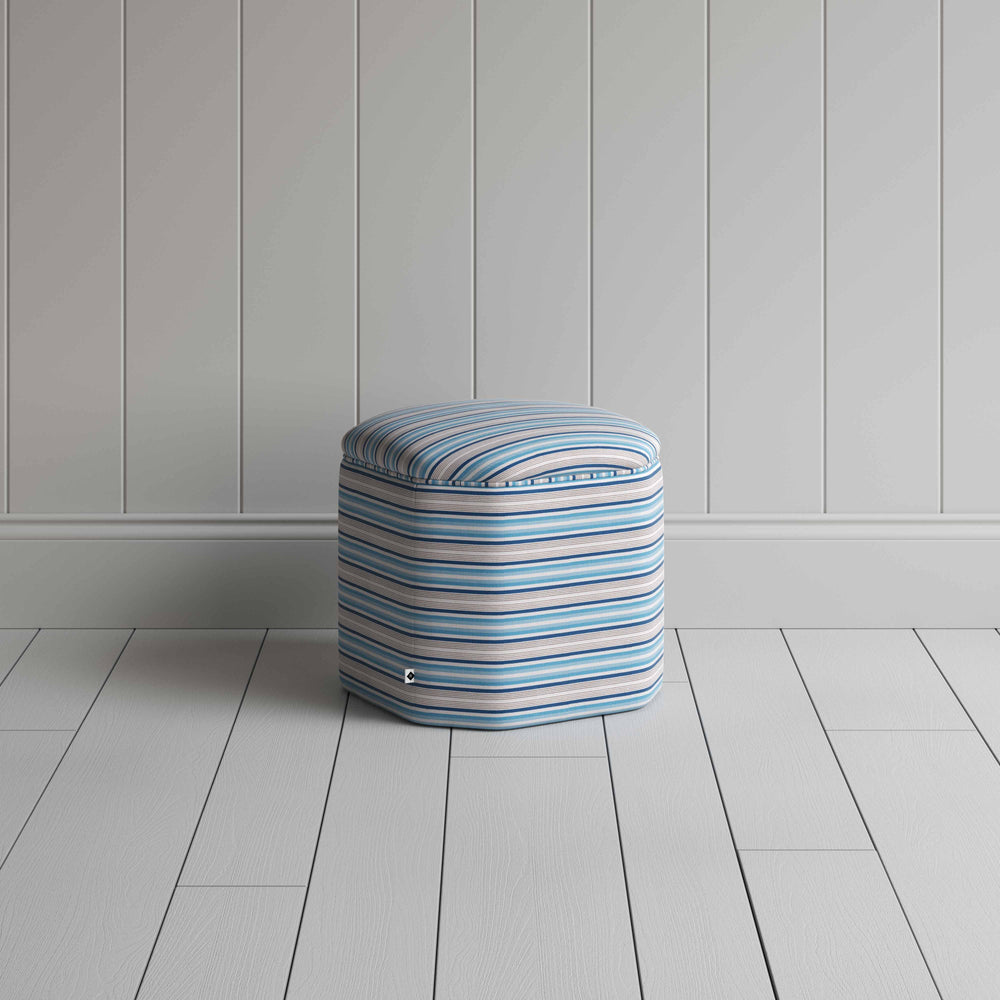 Thither Hexagonal Ottoman in Slow Lane Cotton Linen, Blue - NiX
