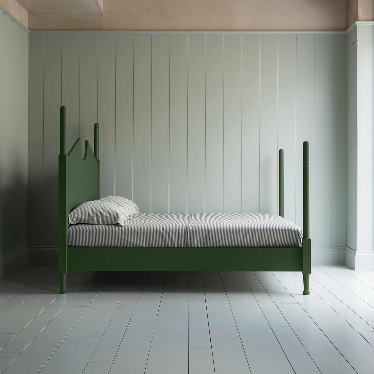 Out for the Count Three Quarter Poster Bed in Sage Green Side View With Mattress and  pillows - NiX