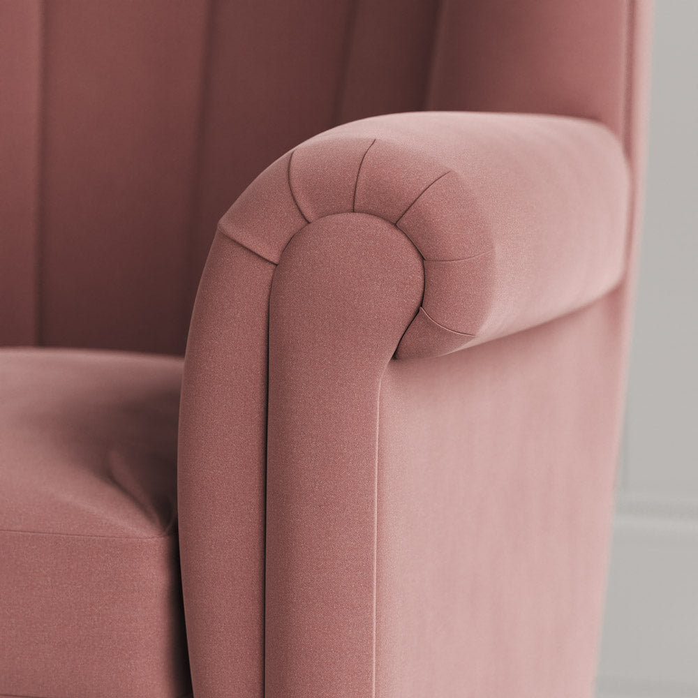  NiX design intelligent velvet fabric upholstered armchair arm detail shot. 