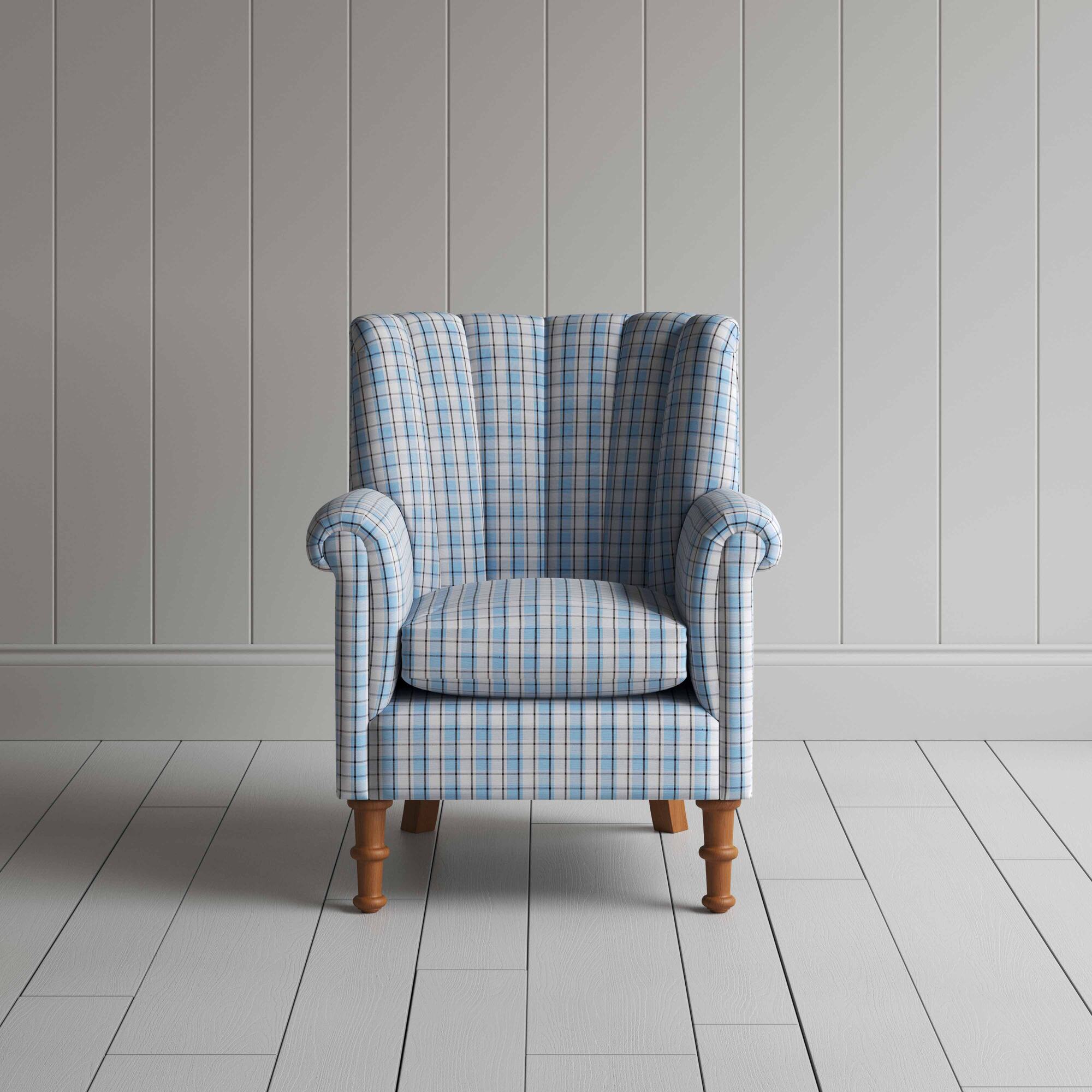  Time Out Armchair in Square Deal Cotton, Blue Brown, Front View - NiX 