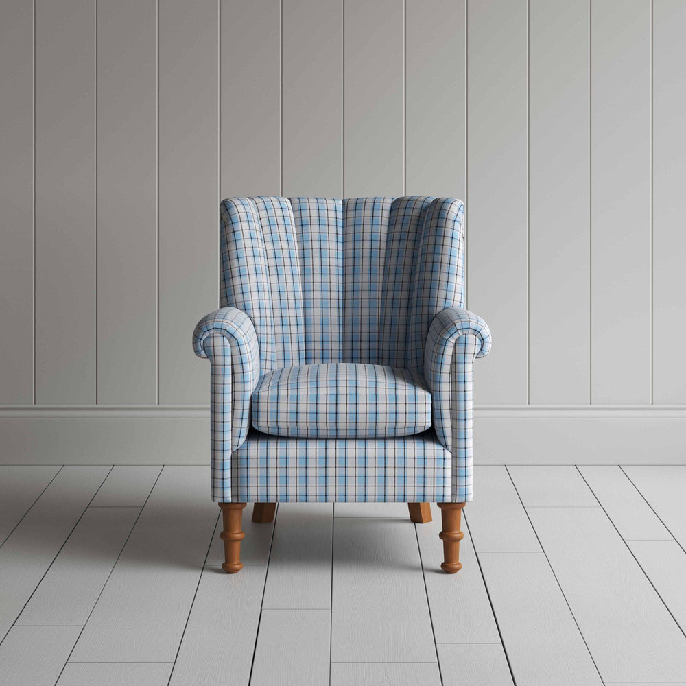 Time Out Armchair in Square Deal Cotton, Blue Brown, Front View - NiX
