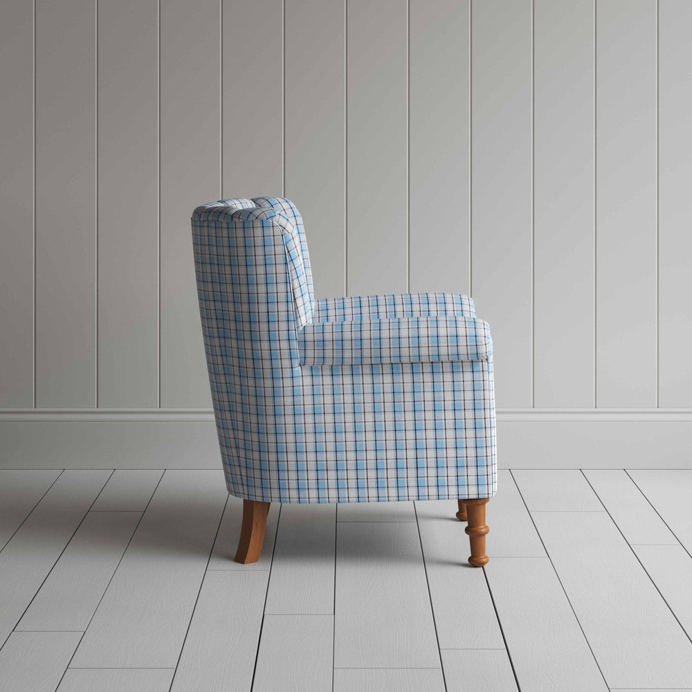 Time Out Armchair in Square Deal Cotton, Blue Brown, Side View - NiX