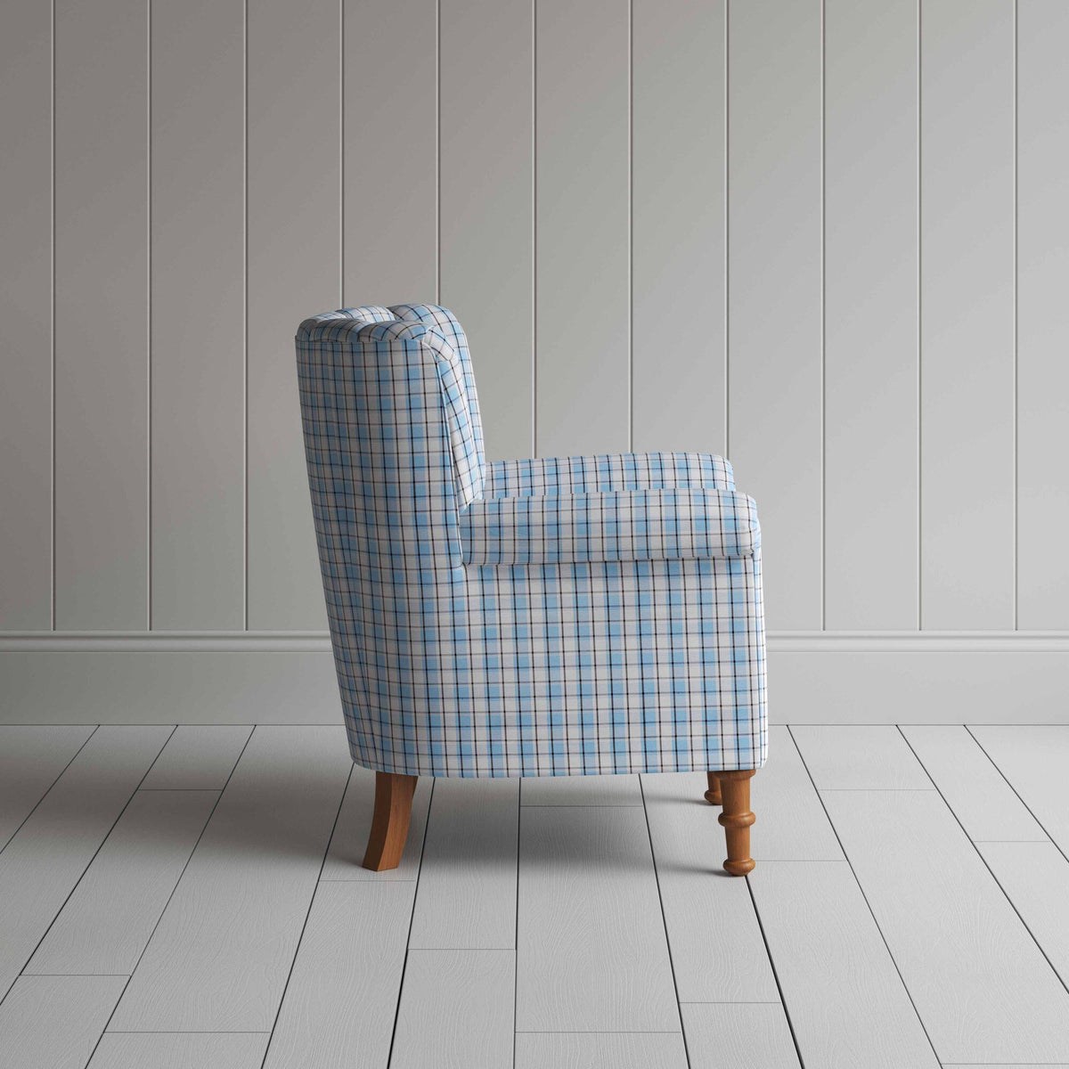Time Out Armchair in Square Deal Cotton, Blue Brown, Side View - NiX