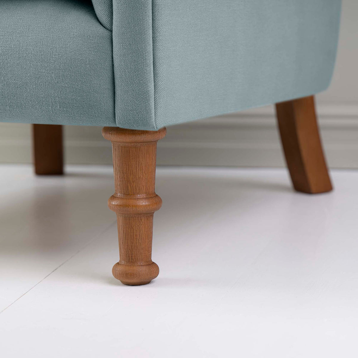Time Out Armchair in Laidback Linen Cerulean, Front Foot View Closeup - NiX